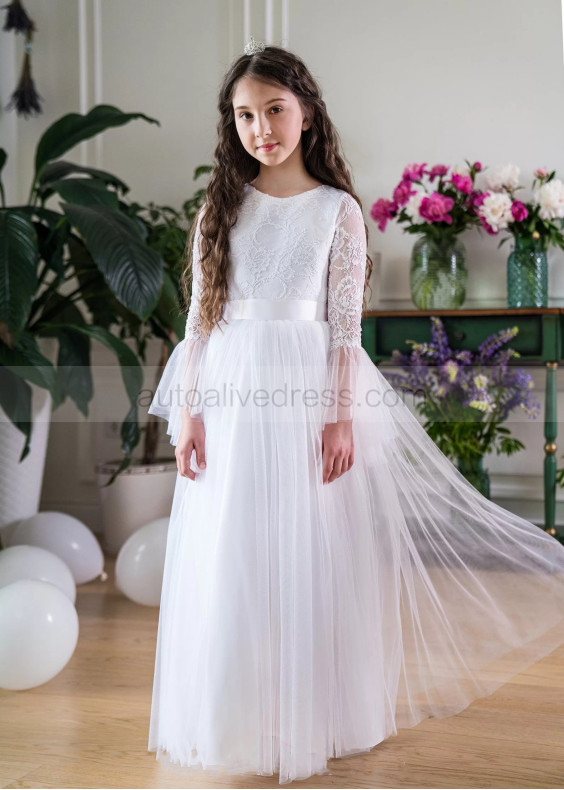 Bell Sleeves White Lace Tulle Flower Girl Dress